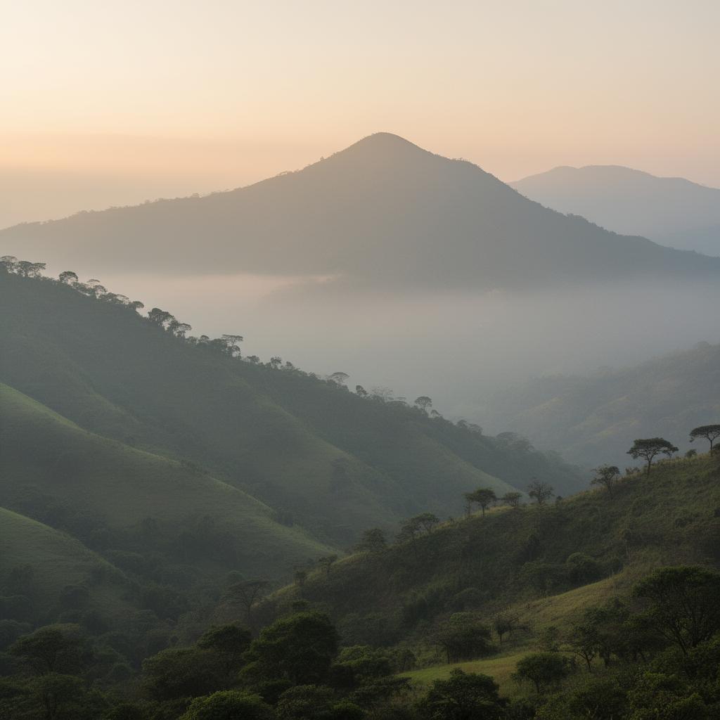 Paisaje montañoso con niebla matutina