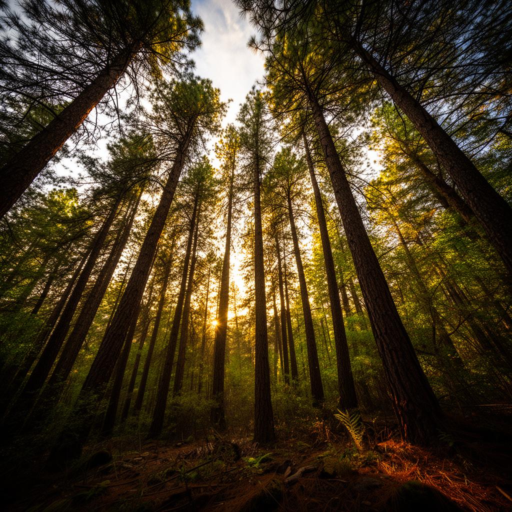 Pinos altos vistos desde abajo con luz dorada del atardecer
